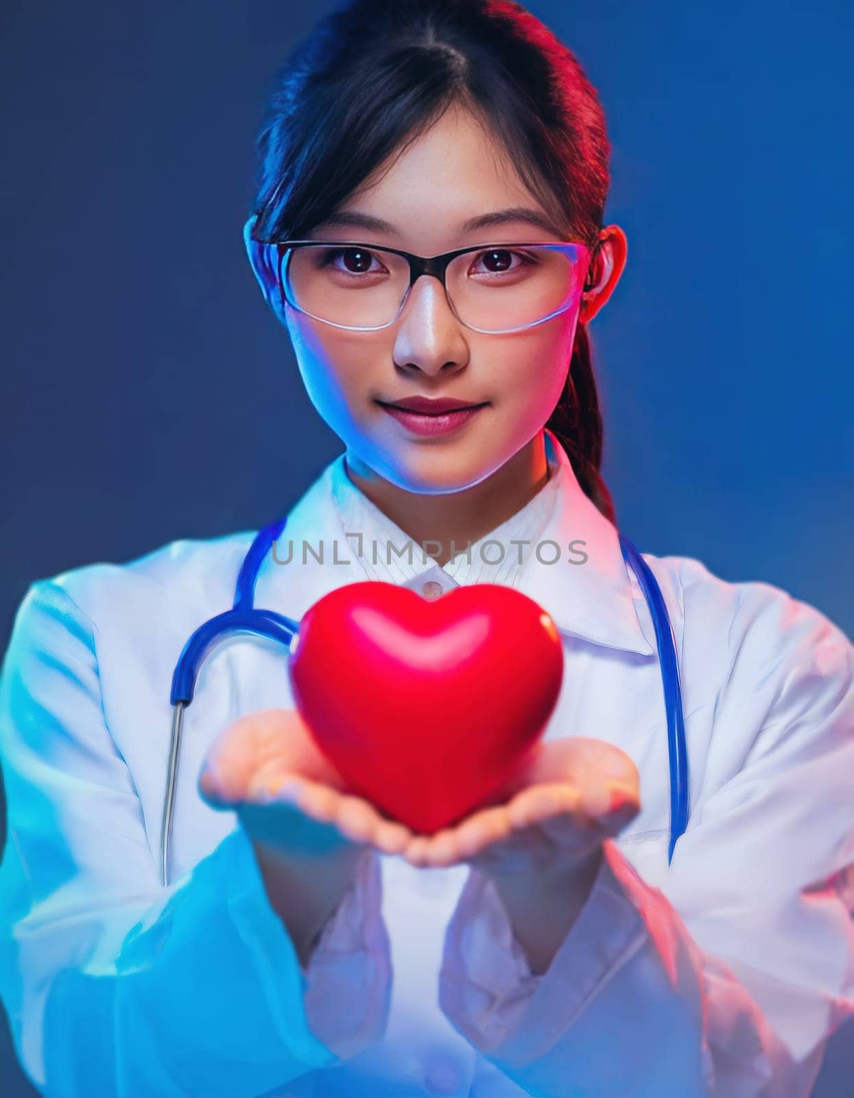 Closeup portrait of asian woman doctor holding a red heart in her hands