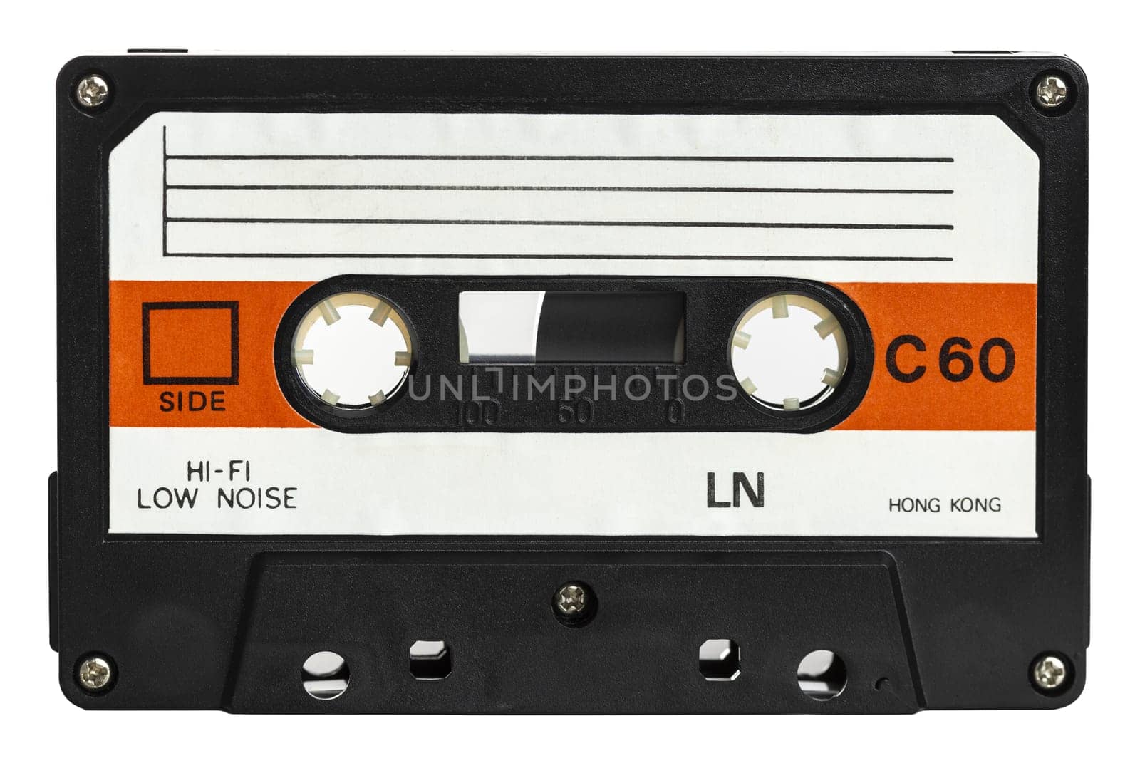 Retro-style cassette tape with blank label on a white background