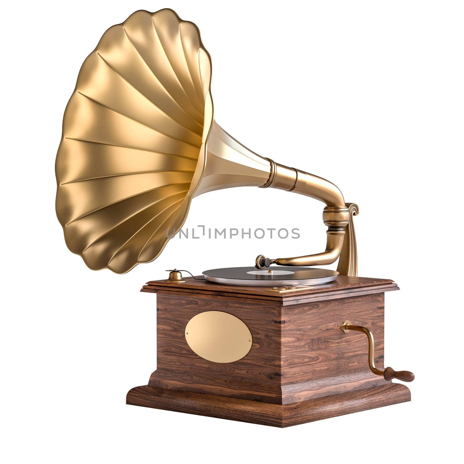 Elegant antique gramophone with a golden horn isolated on a white background, 3d render