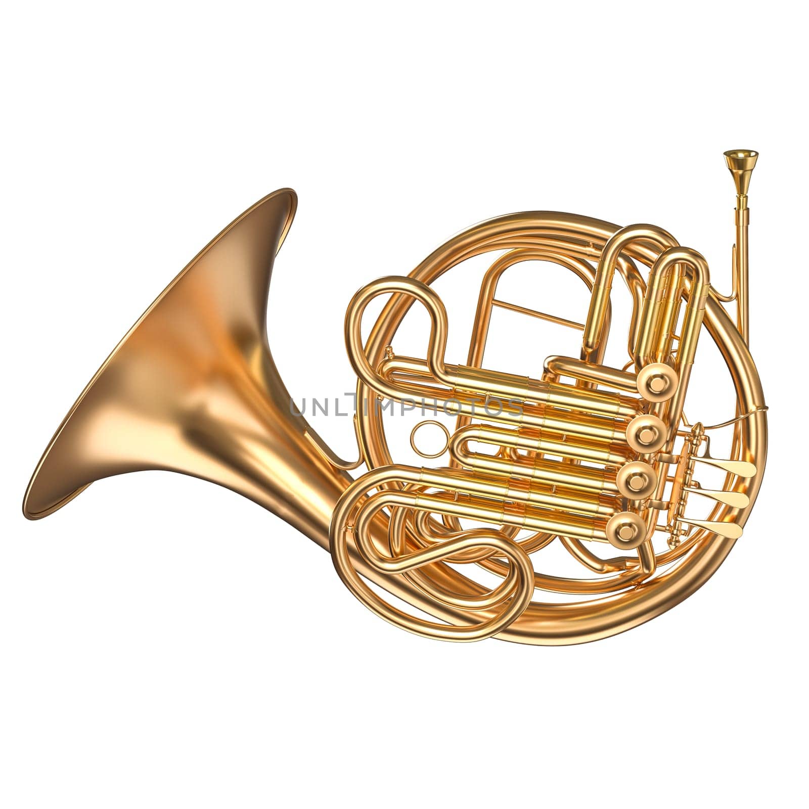 Isolated image of a shiny gold french horn on a pure white backdrop. 3d render