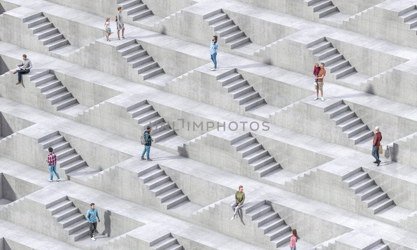 Individuals navigate a maze-like stairs concrete urban environment. 3d render