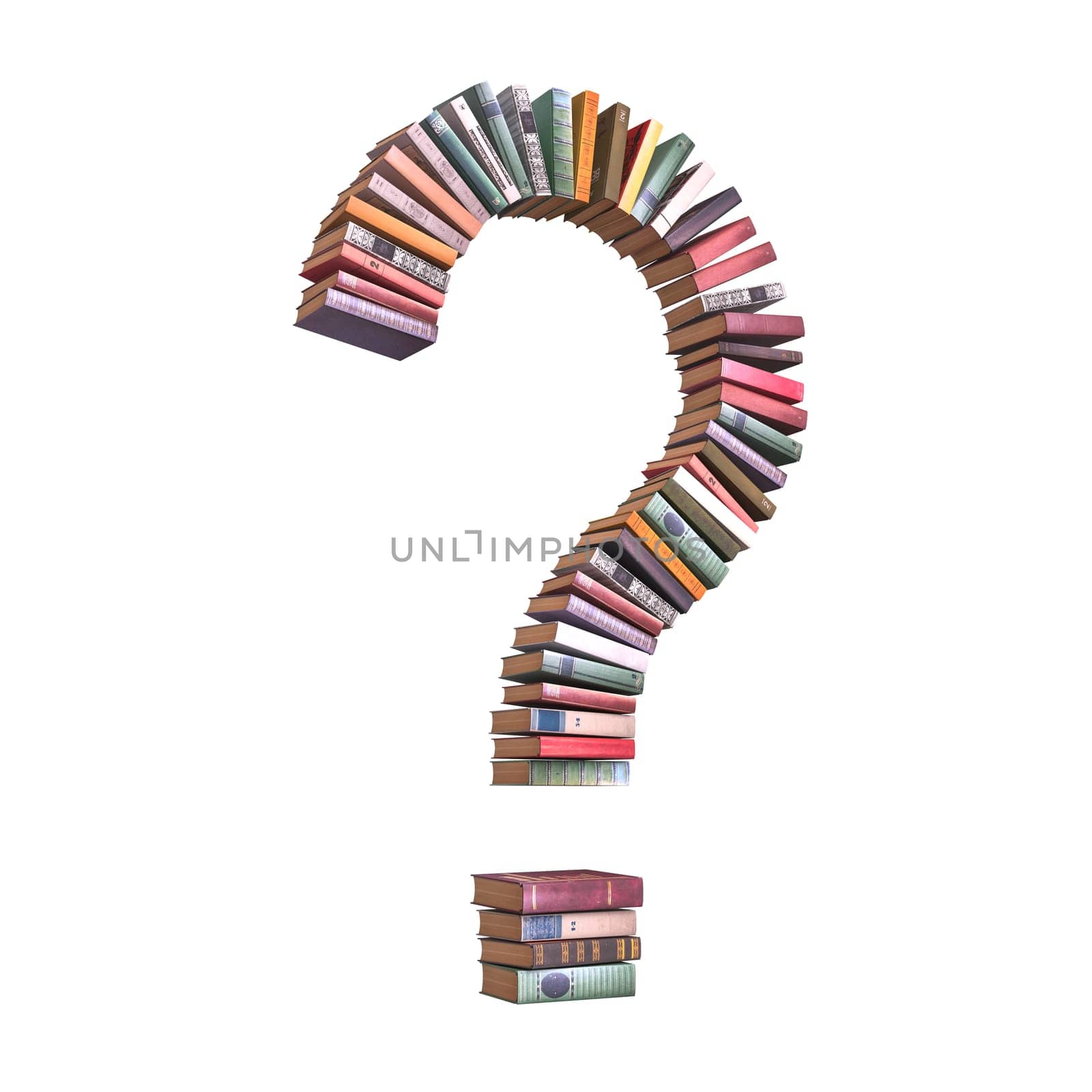 Creative display of various books forming a question mark, symbolizing inquiry and education. 3d render