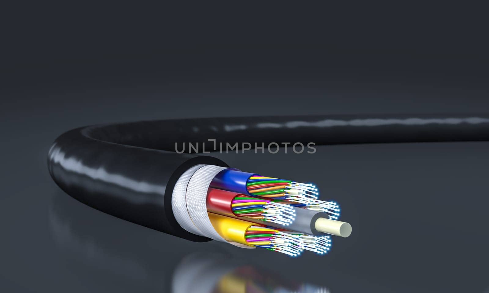 Detailed 3d render showing the inner structure of a modern fiber optic cable.