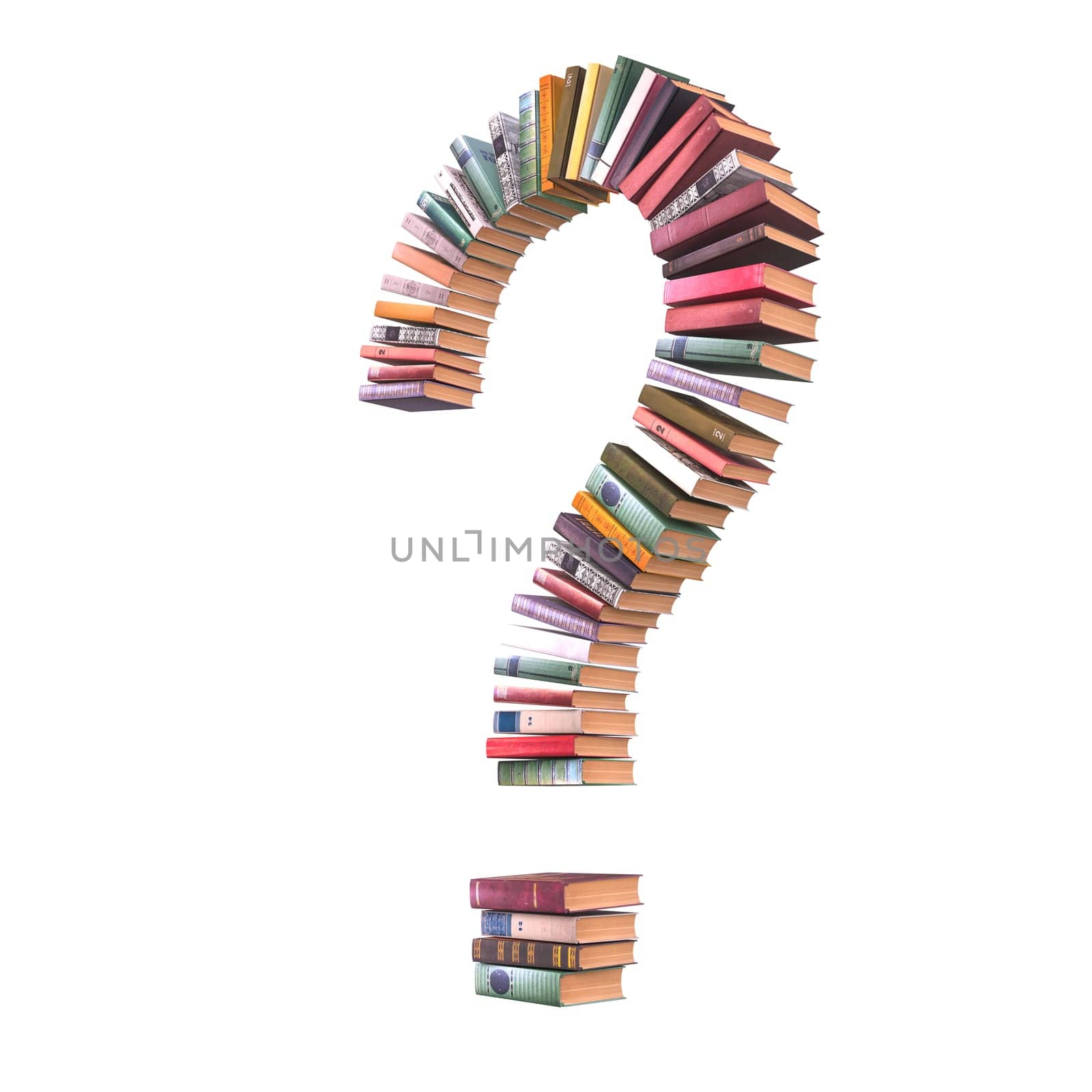 Creative and colorful stack of books forming a question mark, isolated on white. 3d render