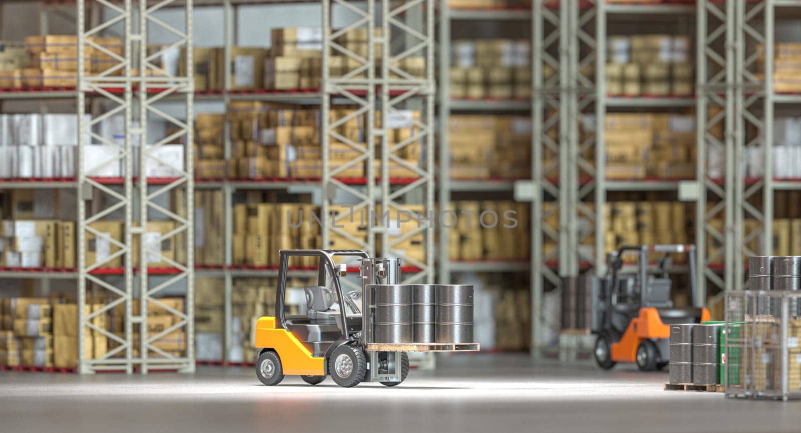 Operational forklift transporting goods in a busy warehouse setting. 3d render