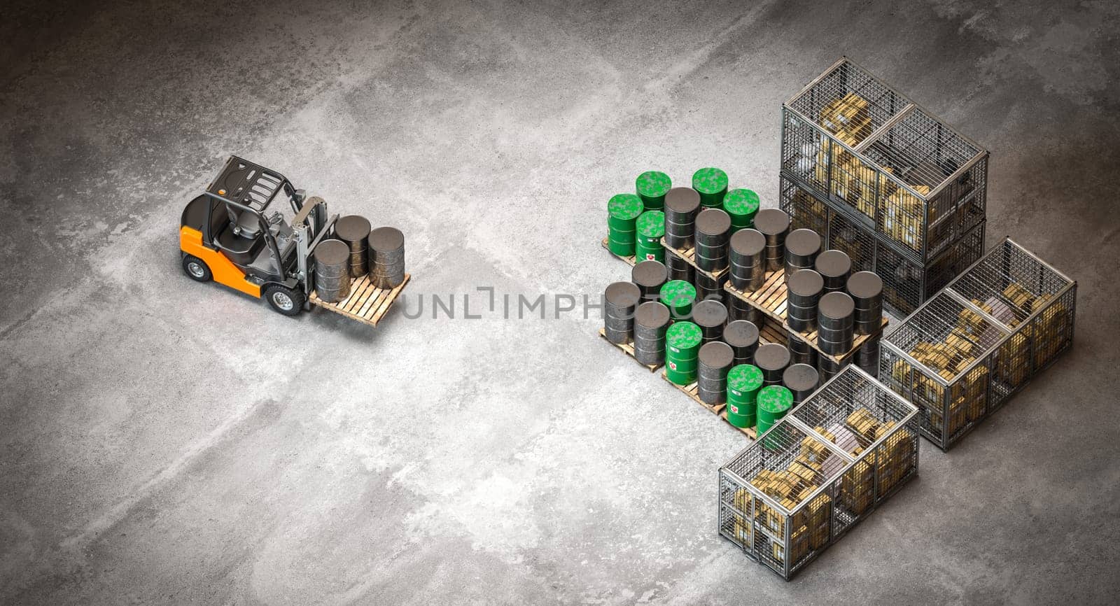 Overhead view of a forklift arranging barrels and crates in an industrial storage area. 3d render