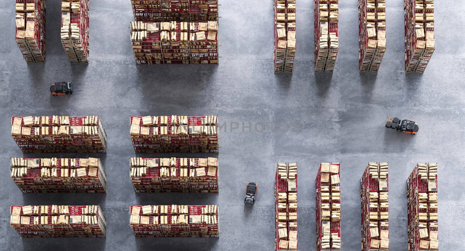 Top-down perspective of forklifts navigating through rows of stacked pallets in a storage facility. 3d render