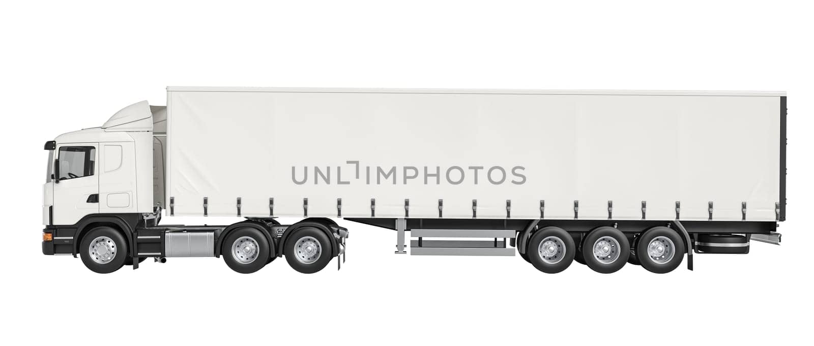 Detailed side view of a modern white semi truck, fully editable and isolated on a white backdrop. 3d render