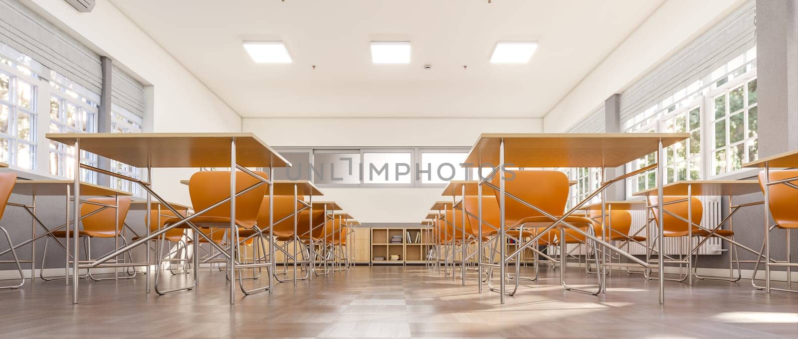 view of a primary school classroom interior from below. 3d render