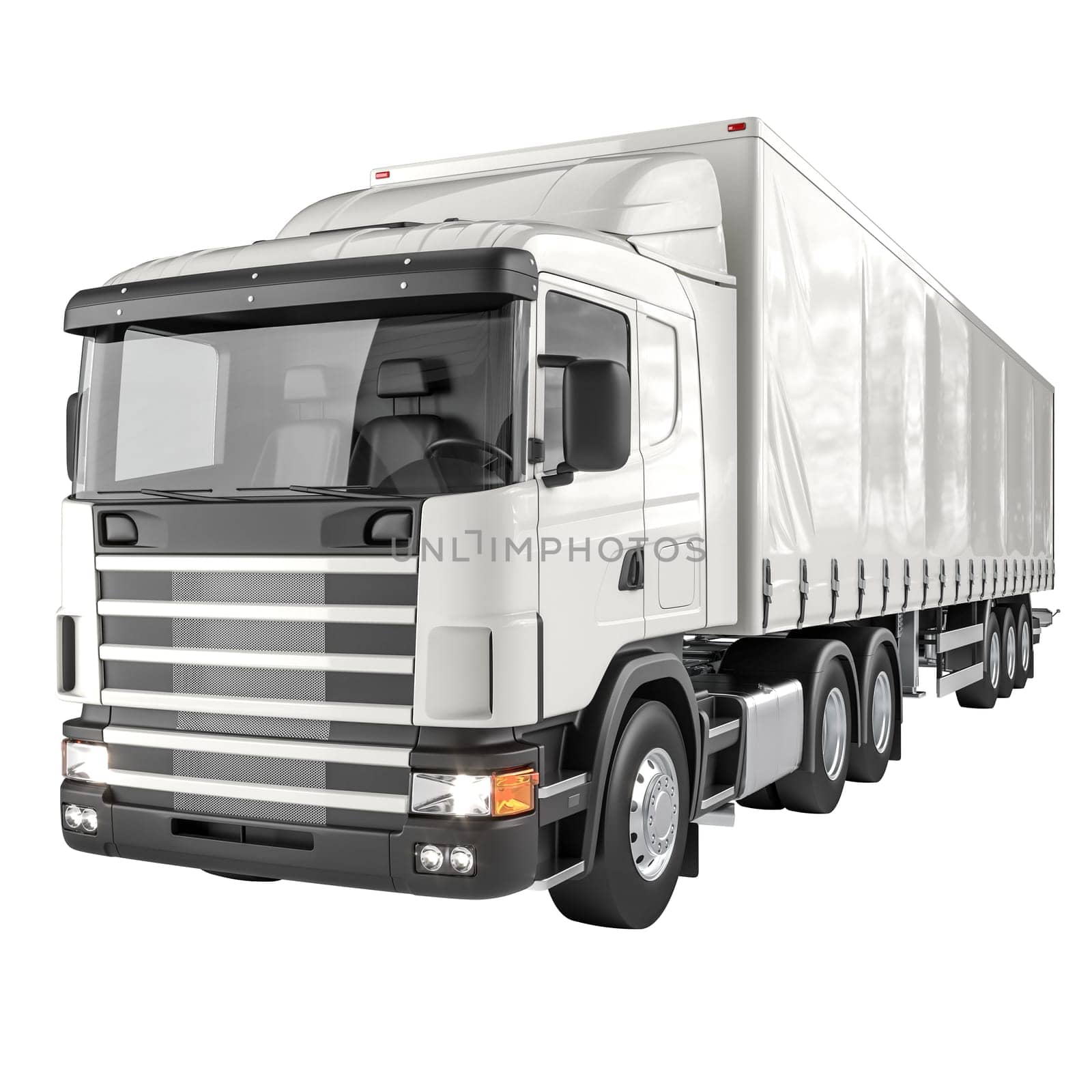Highly detailed image of a sleek, modern semi truck isolated on a white background. 3d render