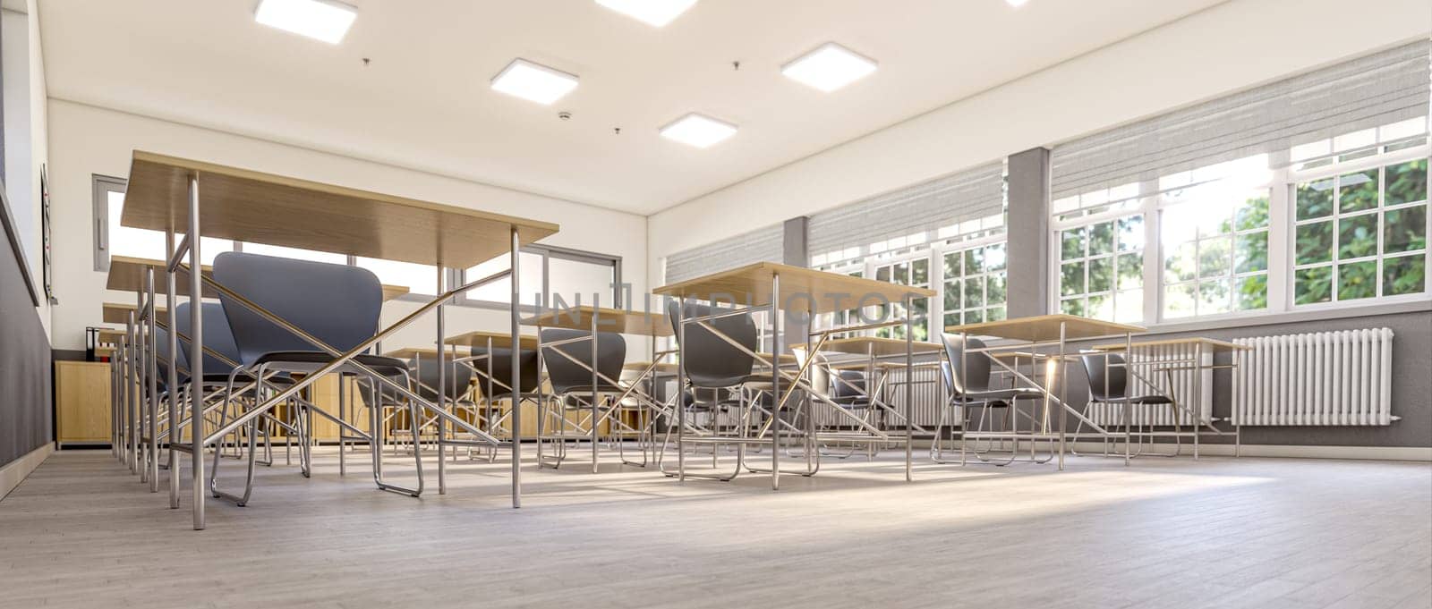 inside an empty school classroom. 3d render
