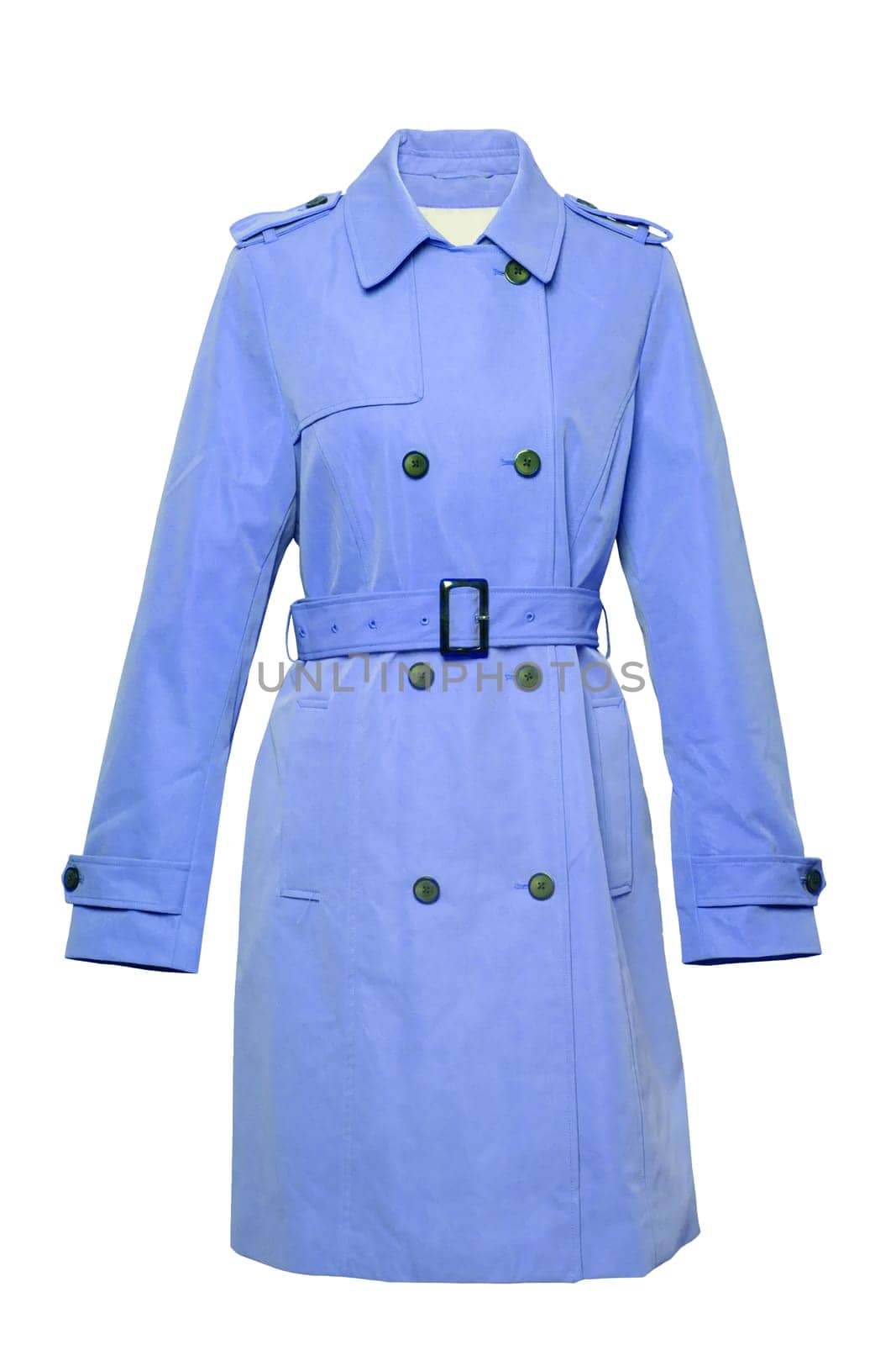 Woman trench coat. A luxurious and stylish elegant female light blue trench coat on mannequin isolated on a white background. Spring and summer fashion.