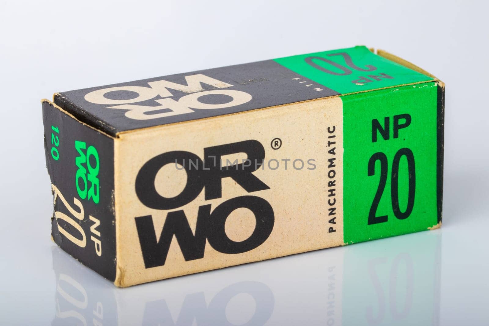 Potsdam, Germany - Aug 11, 2018. Old original packaging of a ORWO (Original Wolfen) NP20 (NP= Negative Panchromatic) film roll for black and white analogue vintage photography.