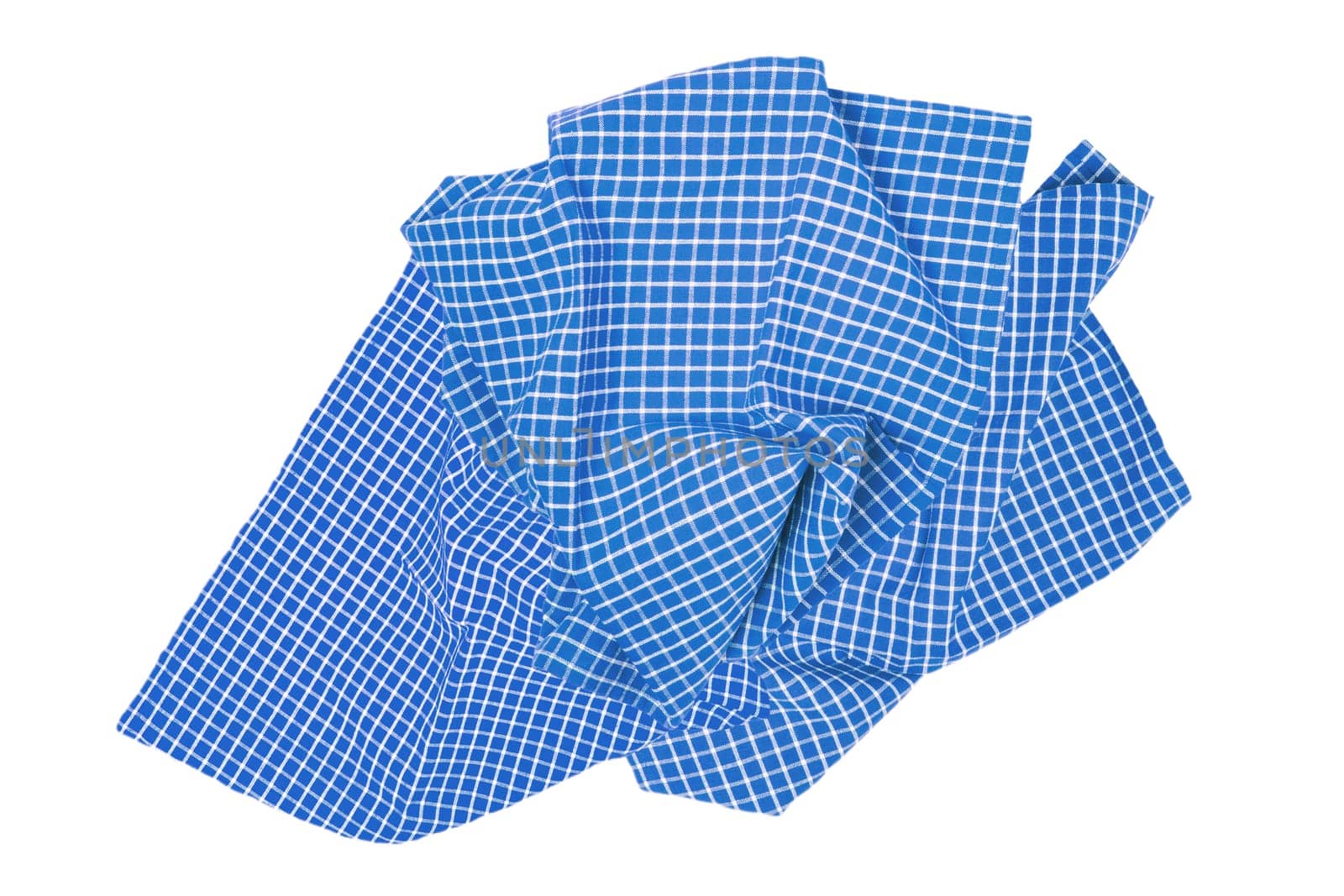 Closeup of a blue and white checkered napkin or tablecloth texture isolated on white background. Kitchen accessories. Top view.