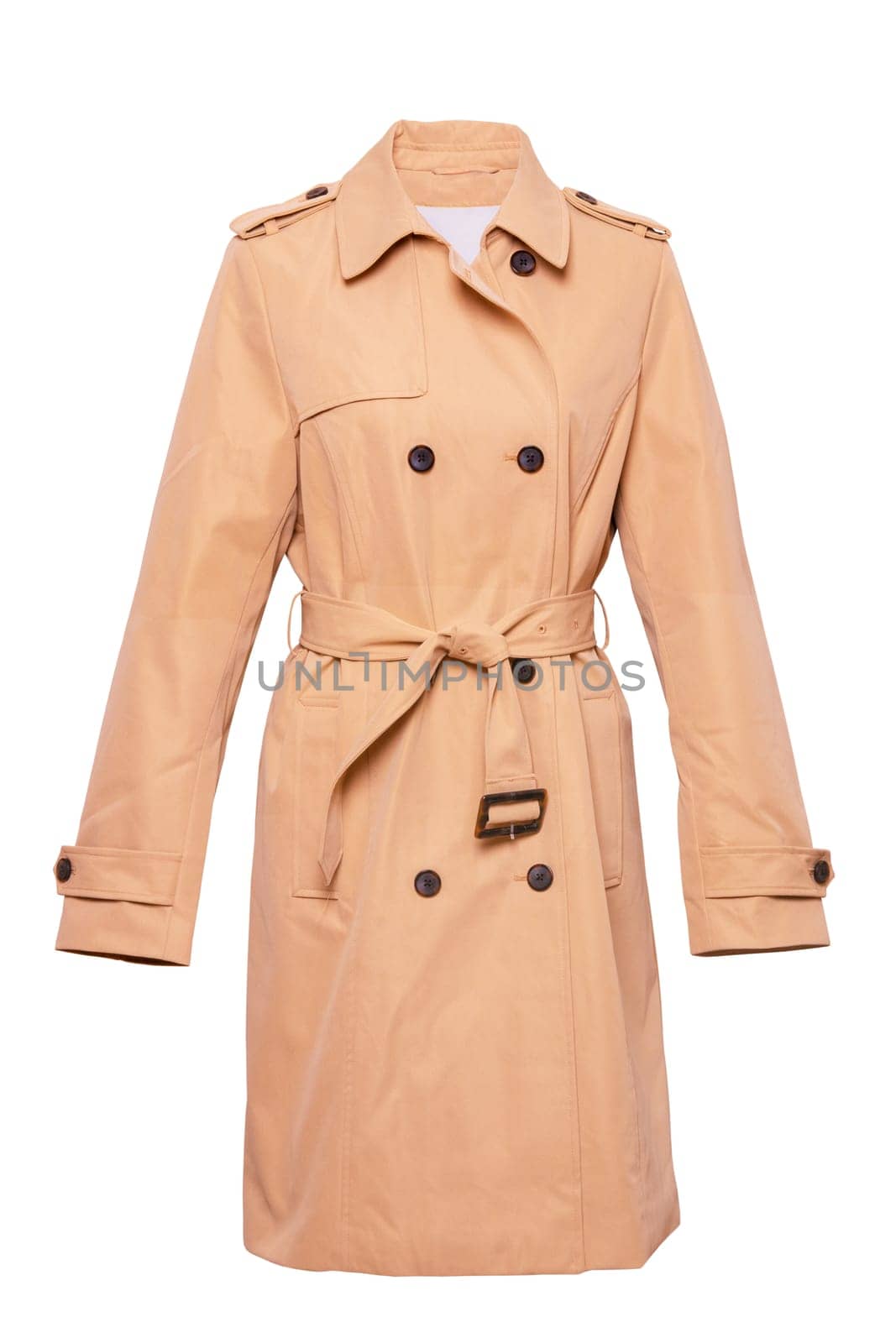 Woman trench coat. A luxurious and stylish elegant female light beige trench coat on mannequin isolated on a white background. Spring and summer fashion.