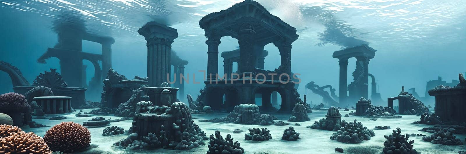 Discover the mystical depths of an Underwater Ruins. Submerged buildings, coral-covered columns, schools of exotic fish glide through the streets. Dive into the enchanting remnants of a lost city. Generative AI.