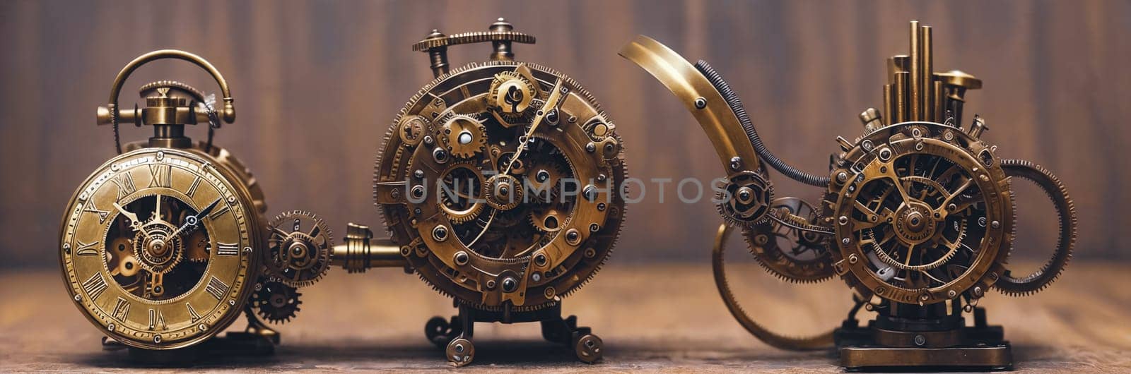 Steampunk Clockwork: An intricate mechanism blending gears, cogs, vintage brass elements, evoking Victorian-era technology. Think of a fusion between artistry functionality in a time-worn machine. Generative AI