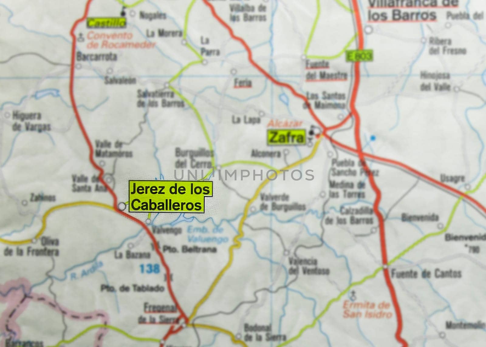 Jerez de los Caballeros city on the map, Extremadura, Badajoz, Spain. Selective focus over word