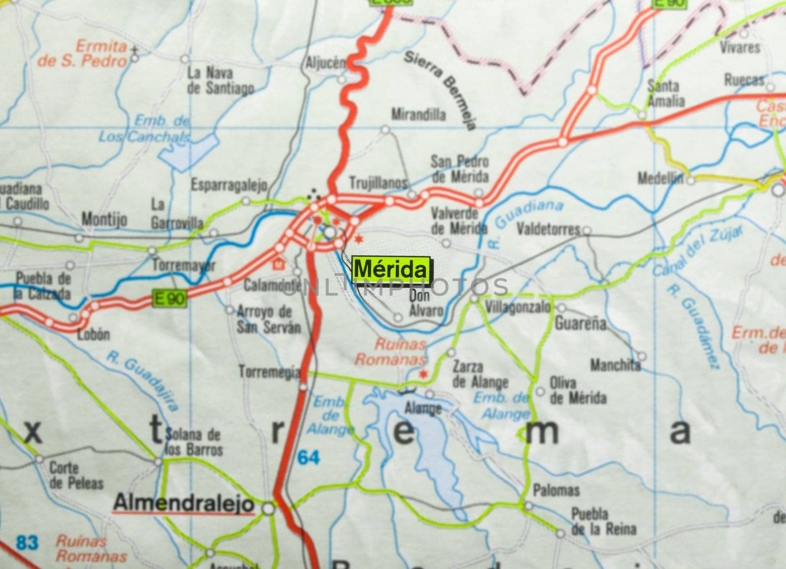Merida city on the map, Extremadura, Badajoz, Spain. Selective focus over word