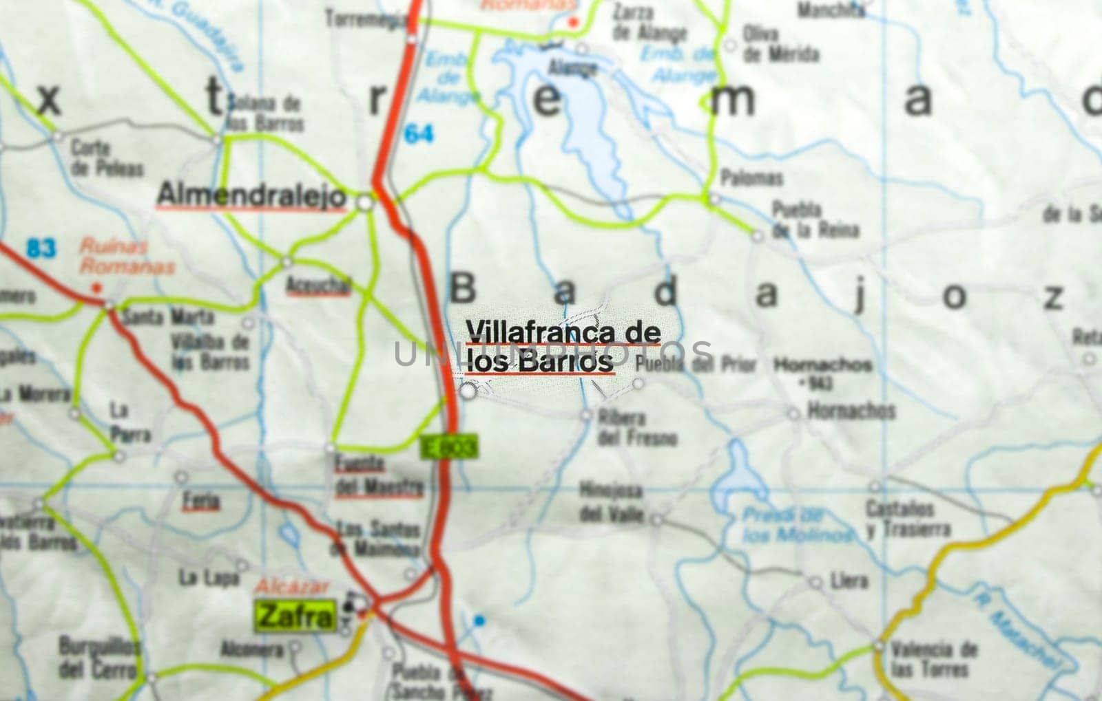 Villafranca de los Barros city on the map, Extremadura, Badajoz, Spain. Selective focus over word