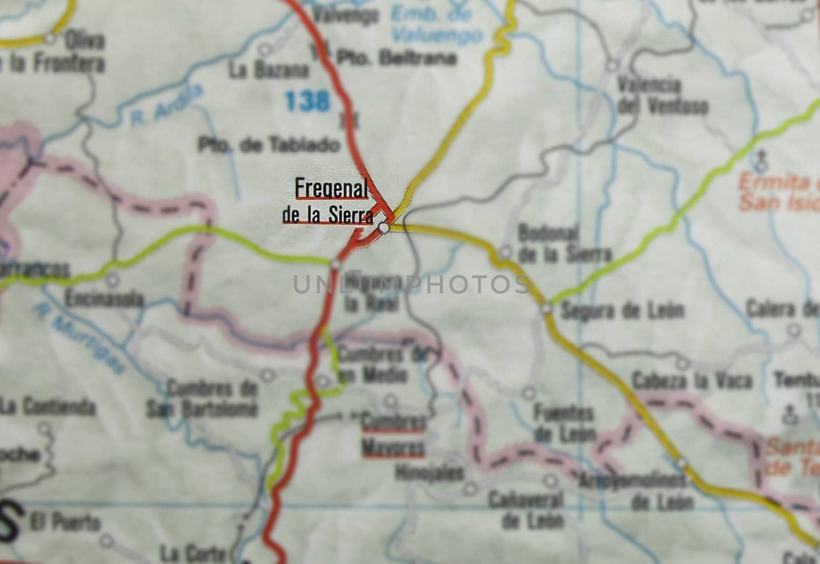 Fregenal de la Sierra city on the map, Extremadura, Badajoz, Spain. Selective focus over word