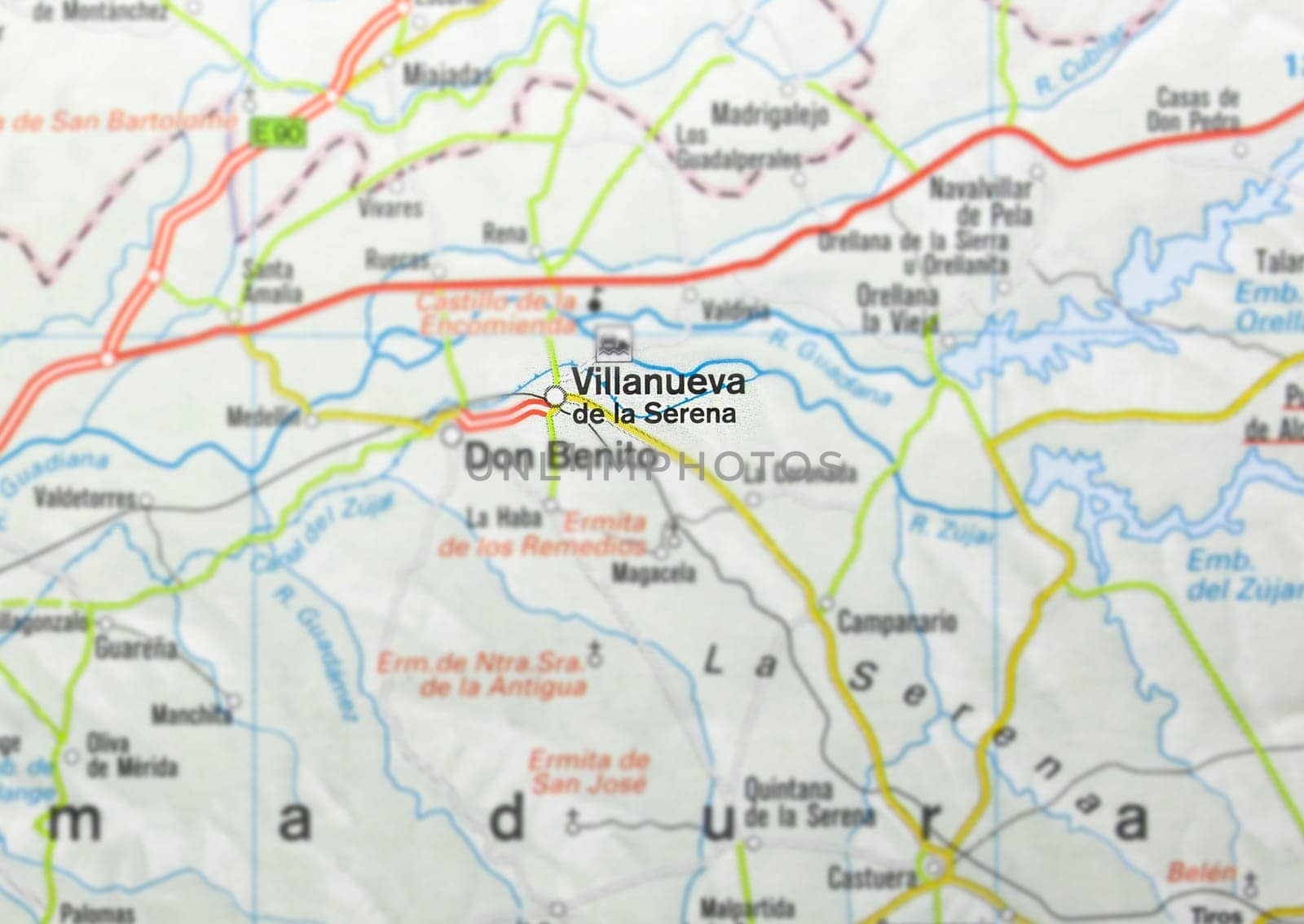 Villanueva de la Serena city on the map, Extremadura, Badajoz, Spain. Selective focus over word