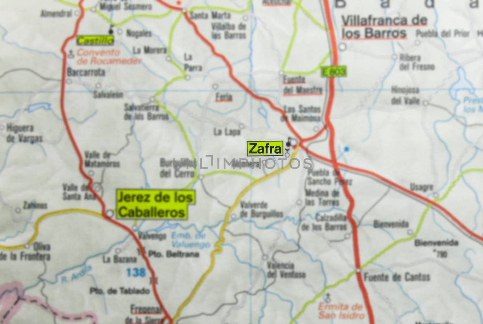 Zafra city on the map, Extremadura, Badajoz, Spain. Selective focus over word