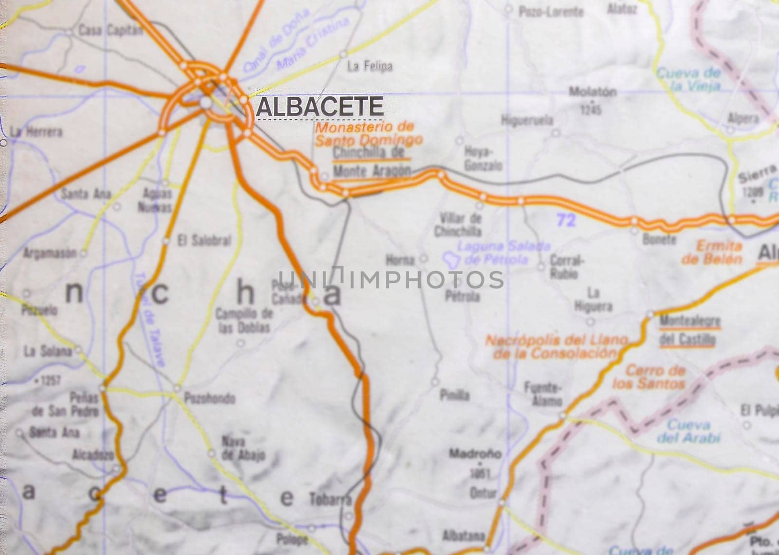 Albacete city on map, Castile–La Mancha, Spain. Selective focus over name