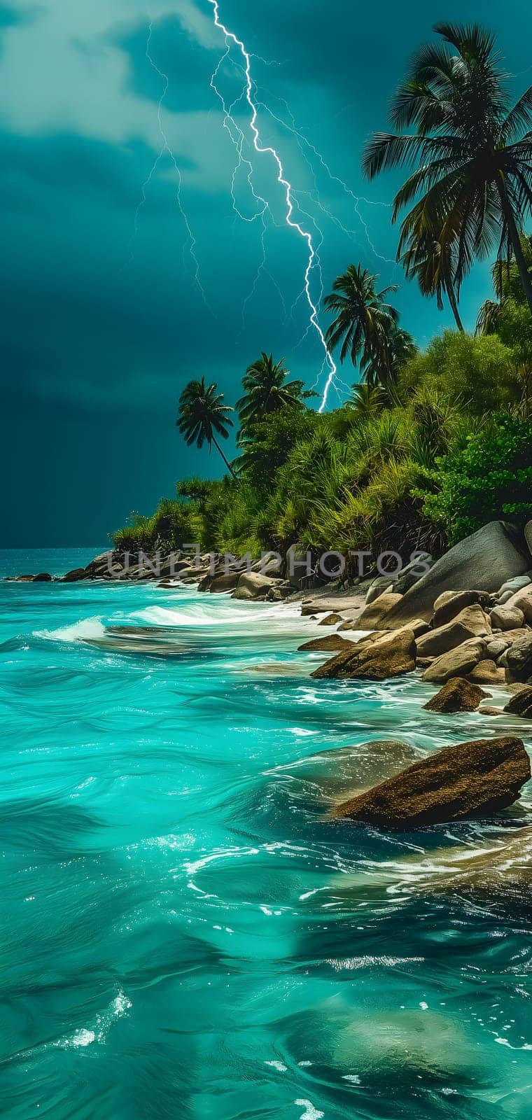 tropical beach view at cloudy stormy night with white sand, turquoise water and palm trees. Neural network generated image. Not based on any actual scene or pattern.