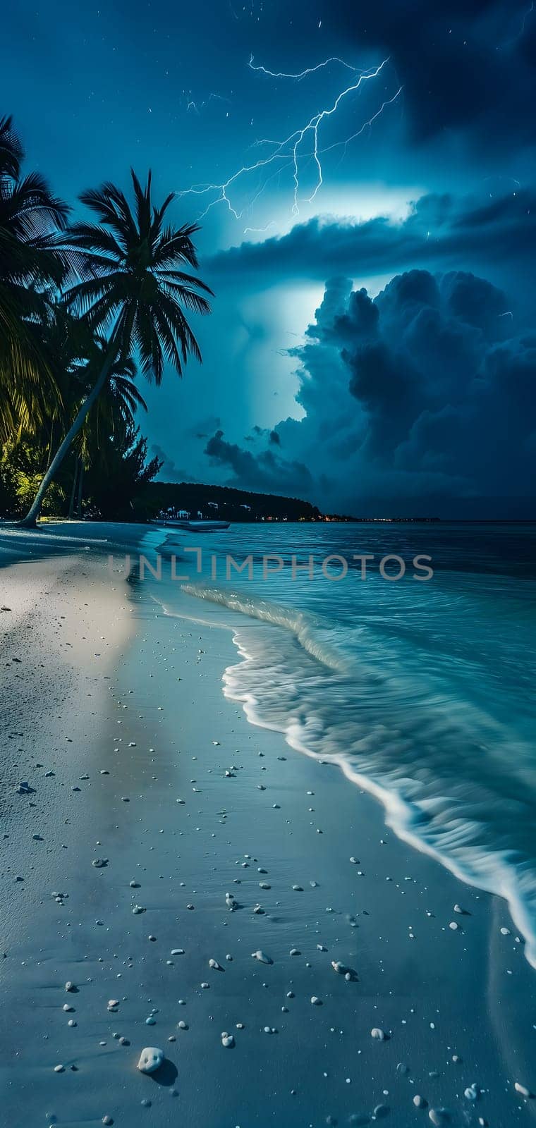 tropical beach view at cloudy stormy night with white sand, turquoise water and palm trees. Neural network generated image. Not based on any actual scene or pattern.