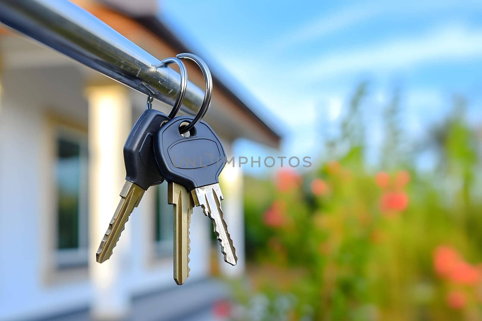 Keys in front of new house at sunny summer morning or evening. Neural network generated image. Not based on any actual person or scene.