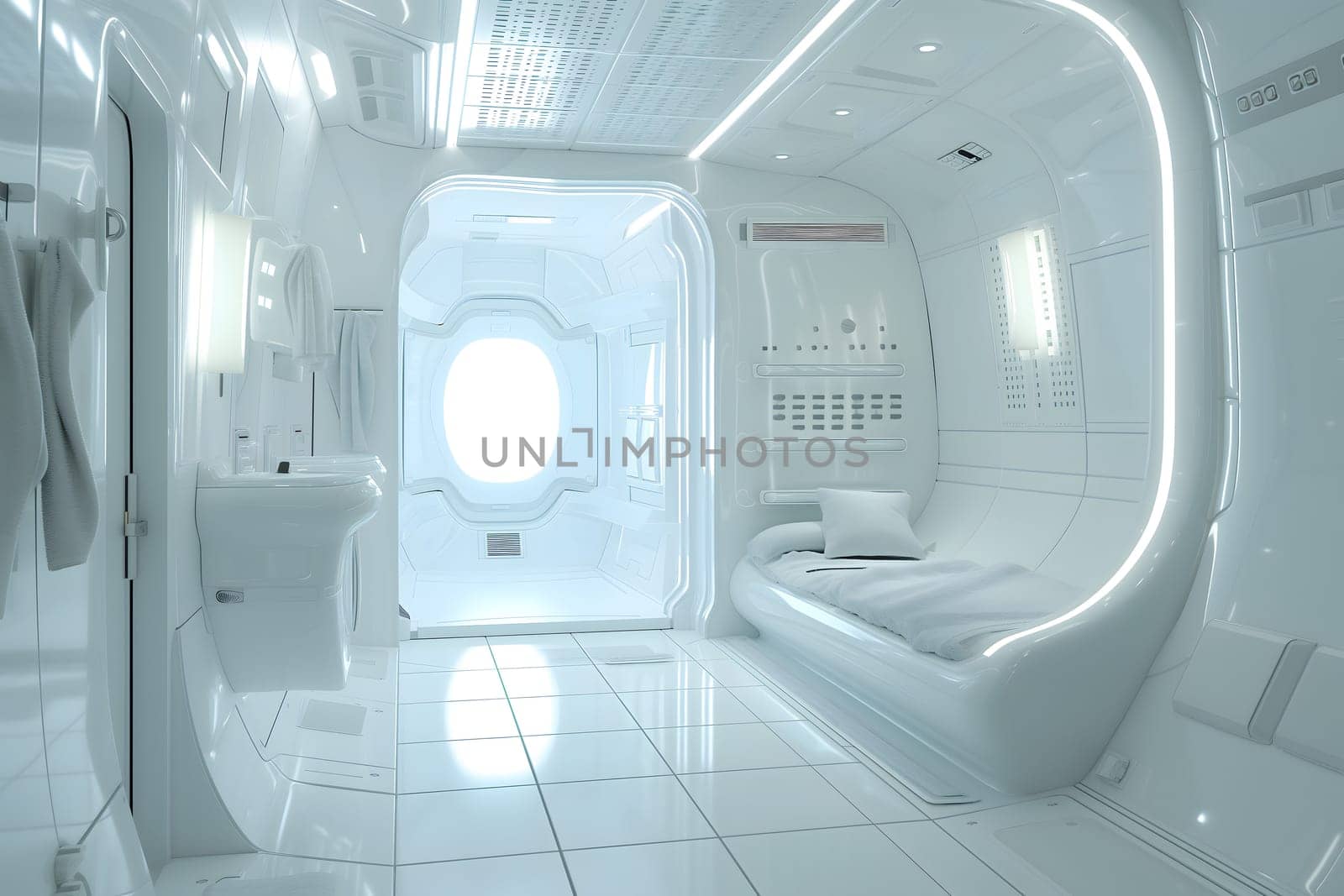 futuristic clean white space station style interior of bedroom. Neural network generated image. Not based on any actual scene or pattern.