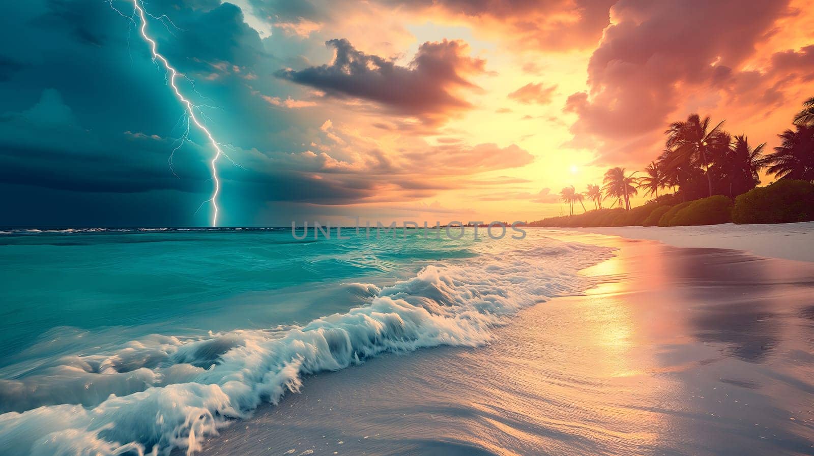 tropical beach view at cloudy stormy sunset with white sand, turquoise water and palm trees. Neural network generated image. Not based on any actual scene or pattern.