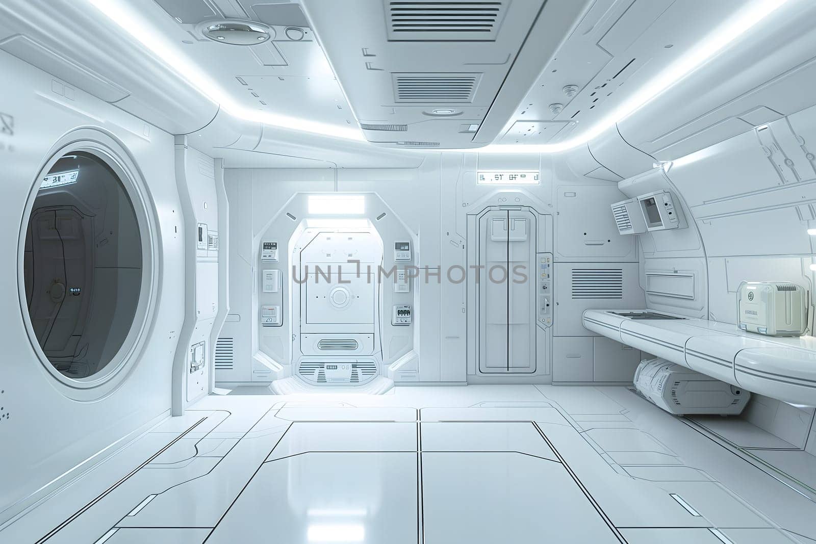 futuristic clean white space station style interior. Neural network generated image. Not based on any actual scene or pattern.