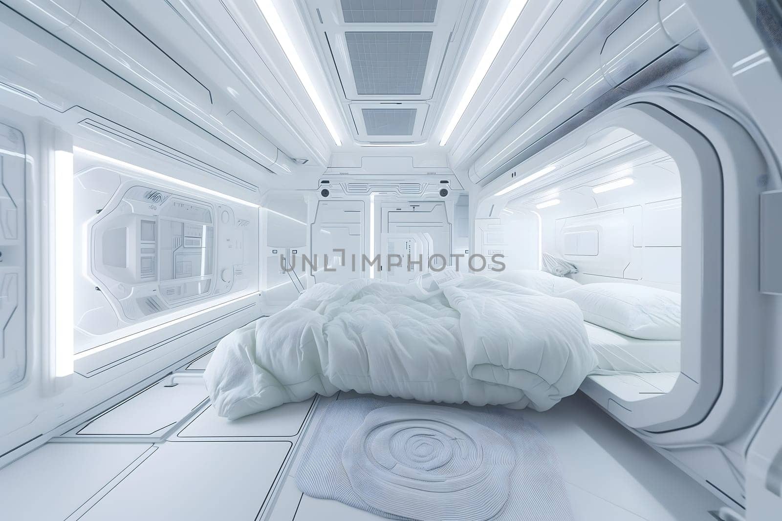 futuristic clean white space station style interior of bedroom. Neural network generated image. Not based on any actual scene or pattern.