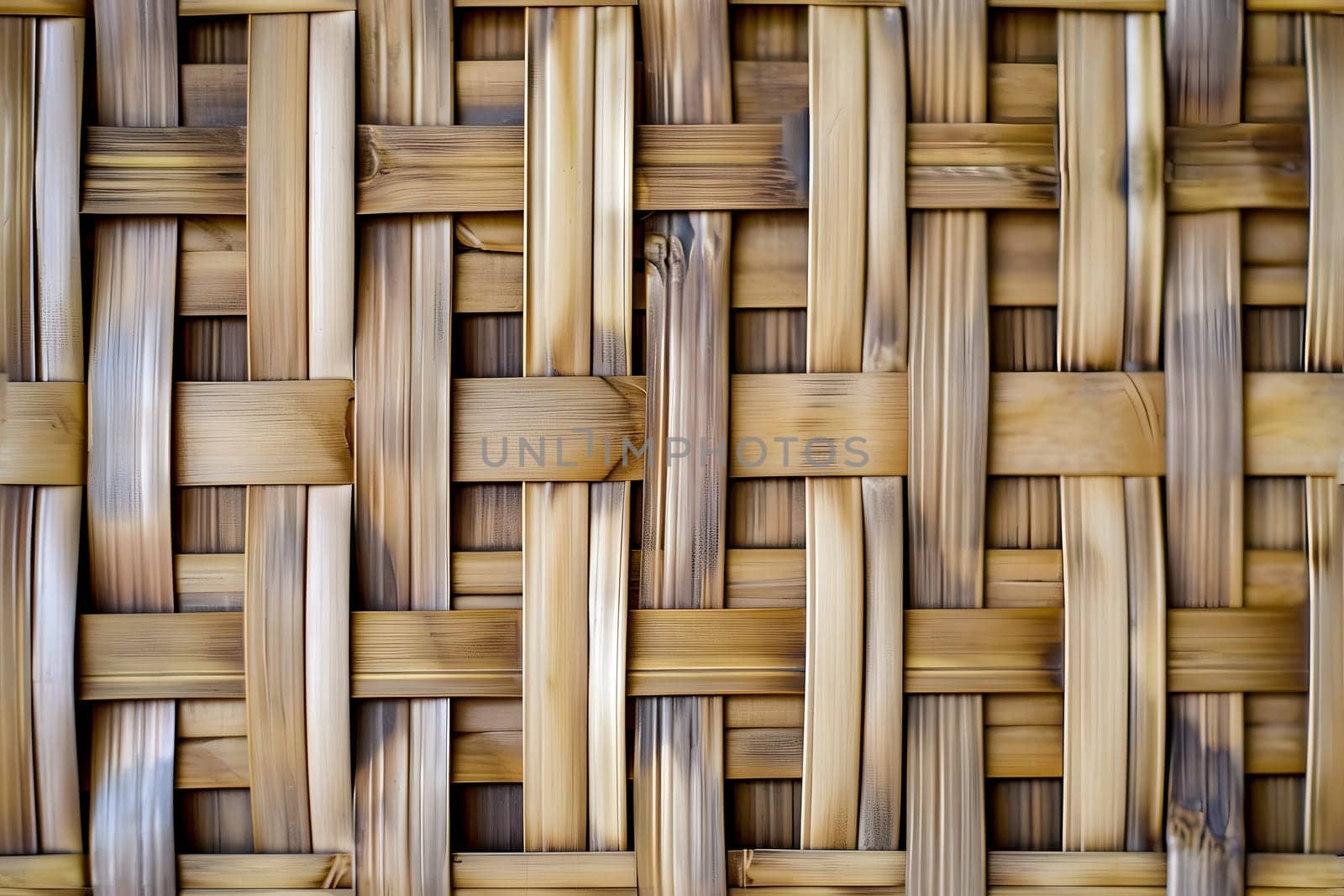 Flat full-frame seamless texture of wicker bamboo wall. Neural network generated image. Not based on any actual scene or pattern.