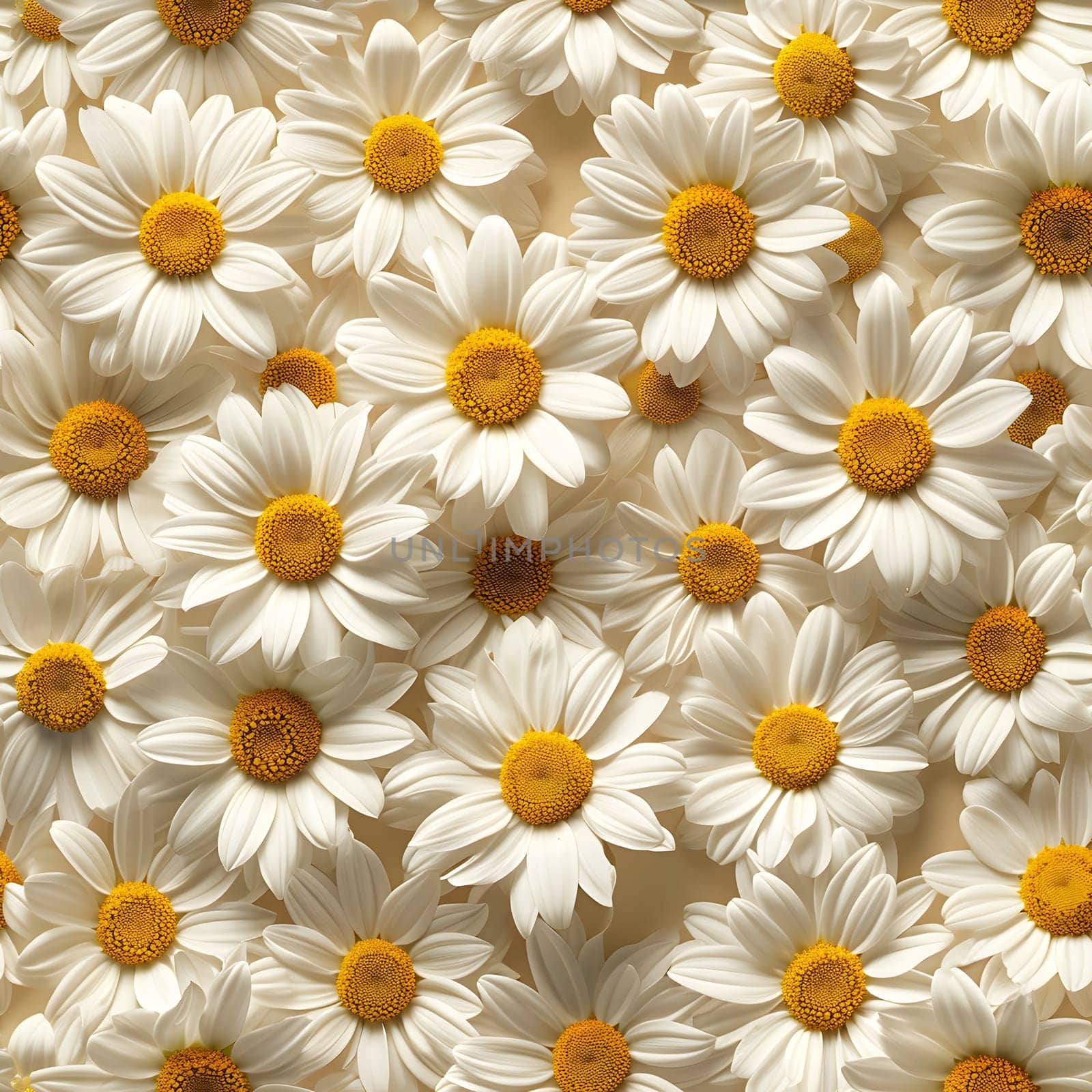 A Lot Of White Yellow Daisies or chamomile flowers - for full-frame background and seamless texture. Neural network generated image. Not based on any actual scene or pattern.
