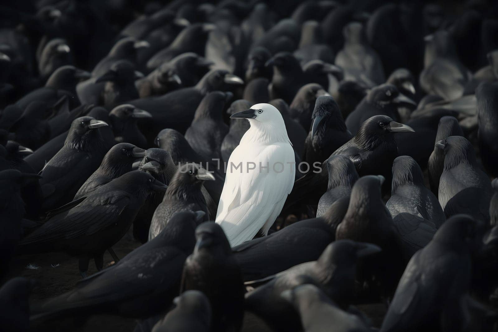 A white crow among many black crows. Neural network generated image. Not based on any actual scene or pattern.