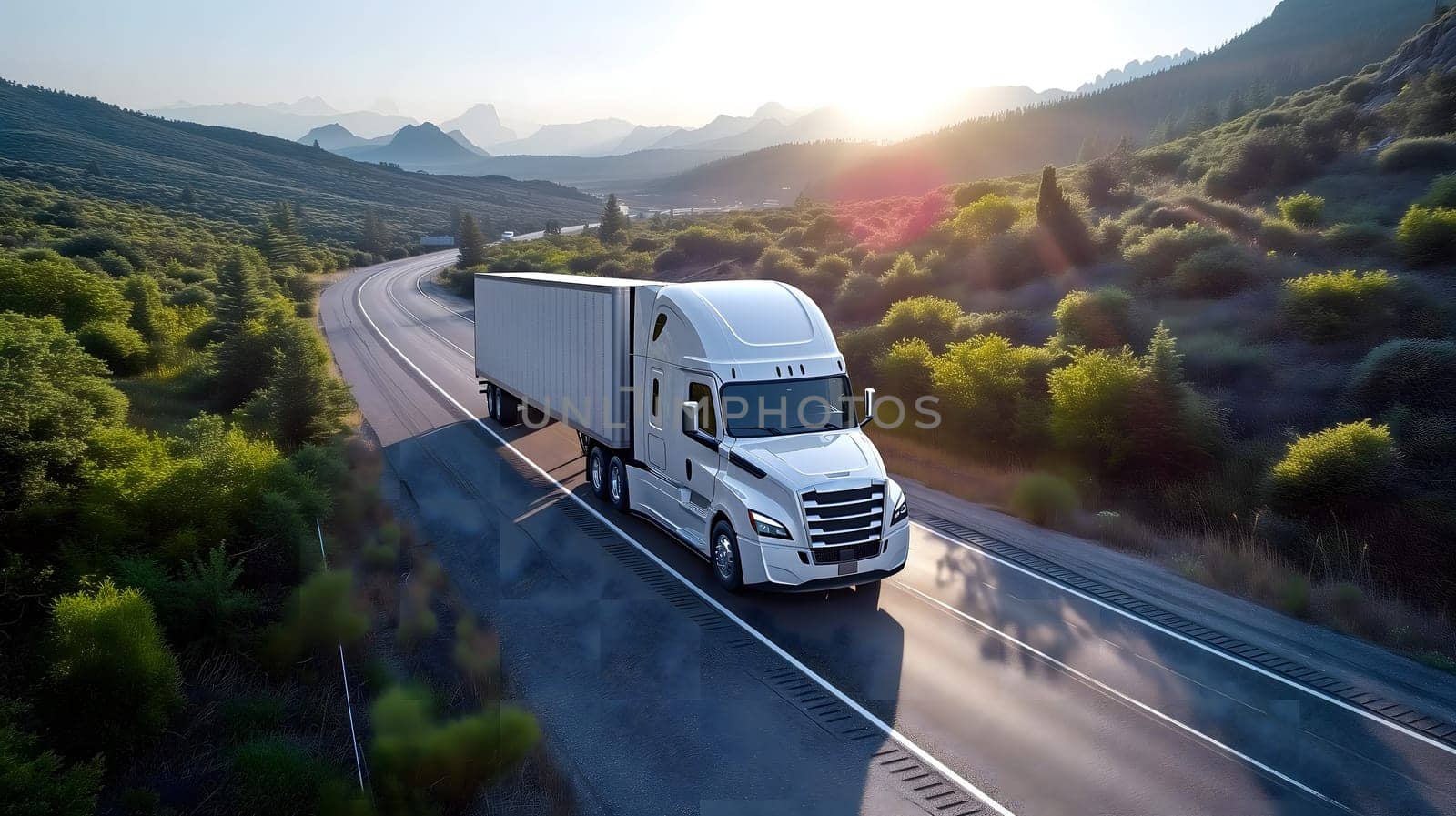 American long-nose semitruck on a highway. Neural network generated image. Not based on any actual scene or pattern.