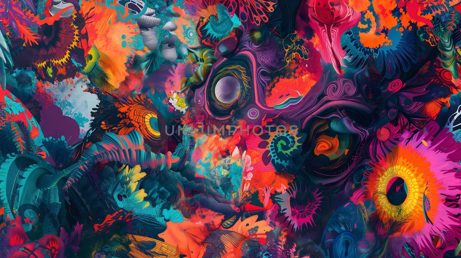 Saturated colorful mad abstract background, random different shapes and objects, hallucinations of ancient shaman after mushroom overdose. Neural network generated image. Not based on any actual scene or pattern.