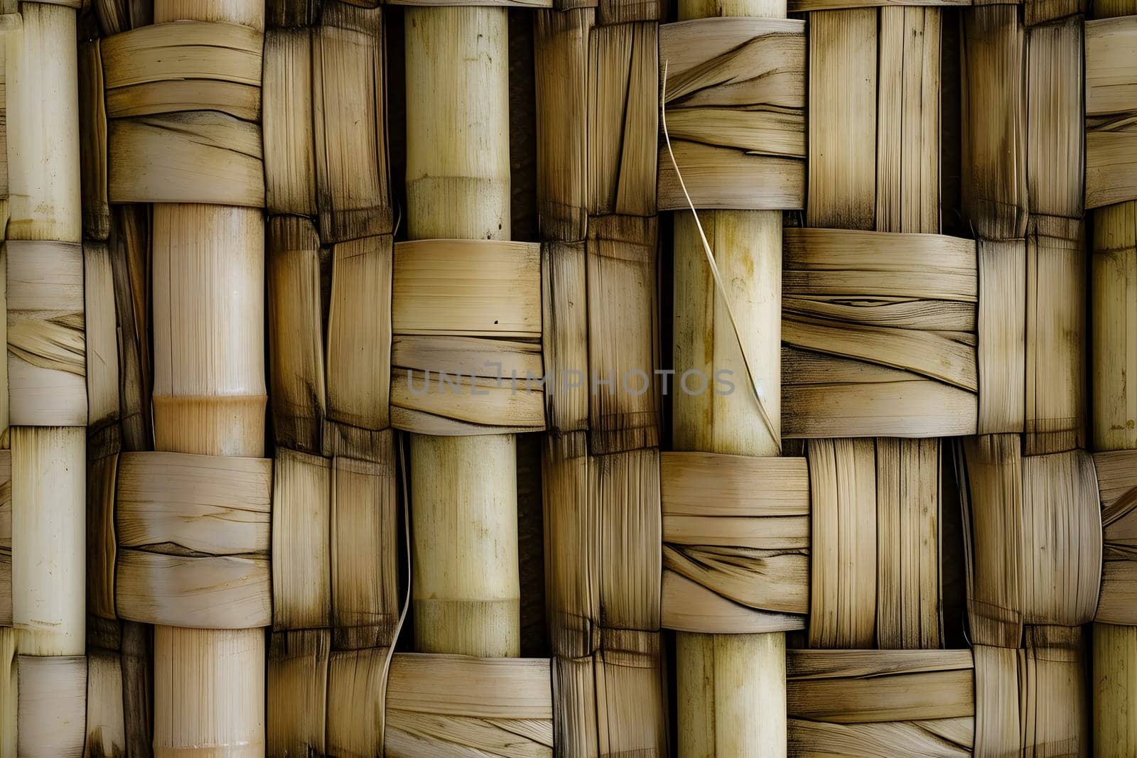 Flat full-frame seamless texture of wicker bamboo wall. Neural network generated image. Not based on any actual scene or pattern.