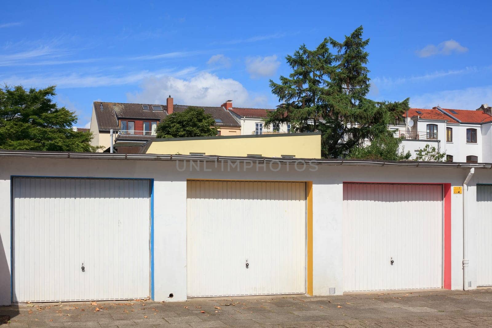 Colorful garages with residential buildings, Bremen, Germany