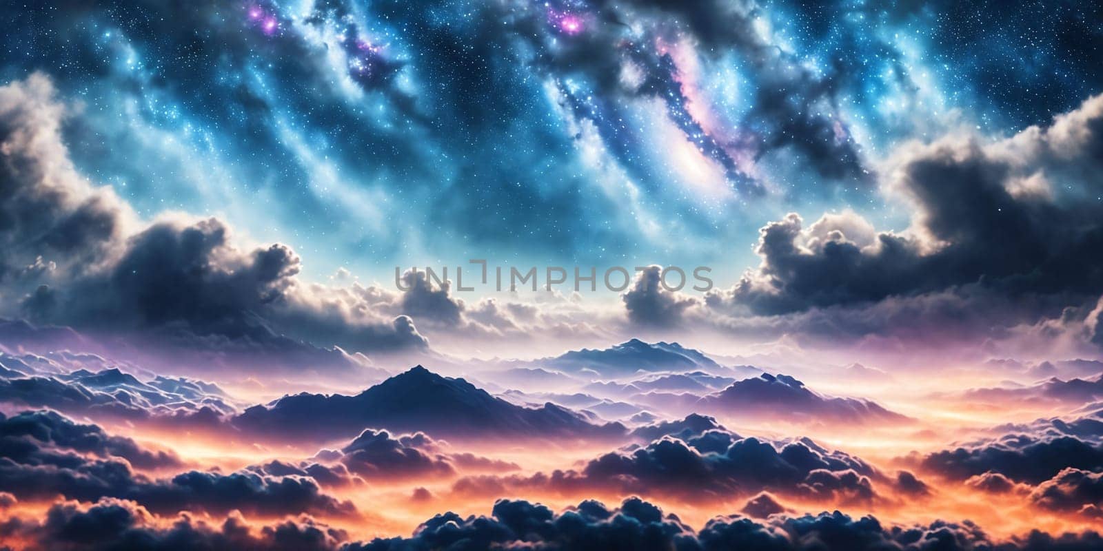 Galactic Symphony. Vast nebula-filled sky blended with distant galaxies and twinkling stars.