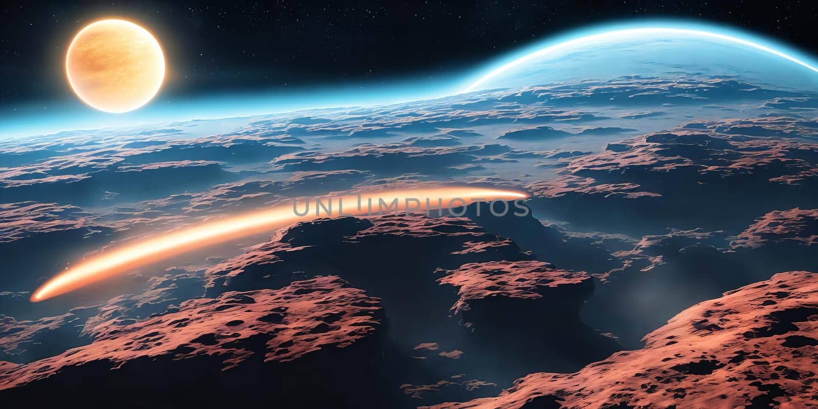 Exoplanet Exploration. Sleek spacecraft cruising through a vibrant solar system dotted with exotic planets and moons.
