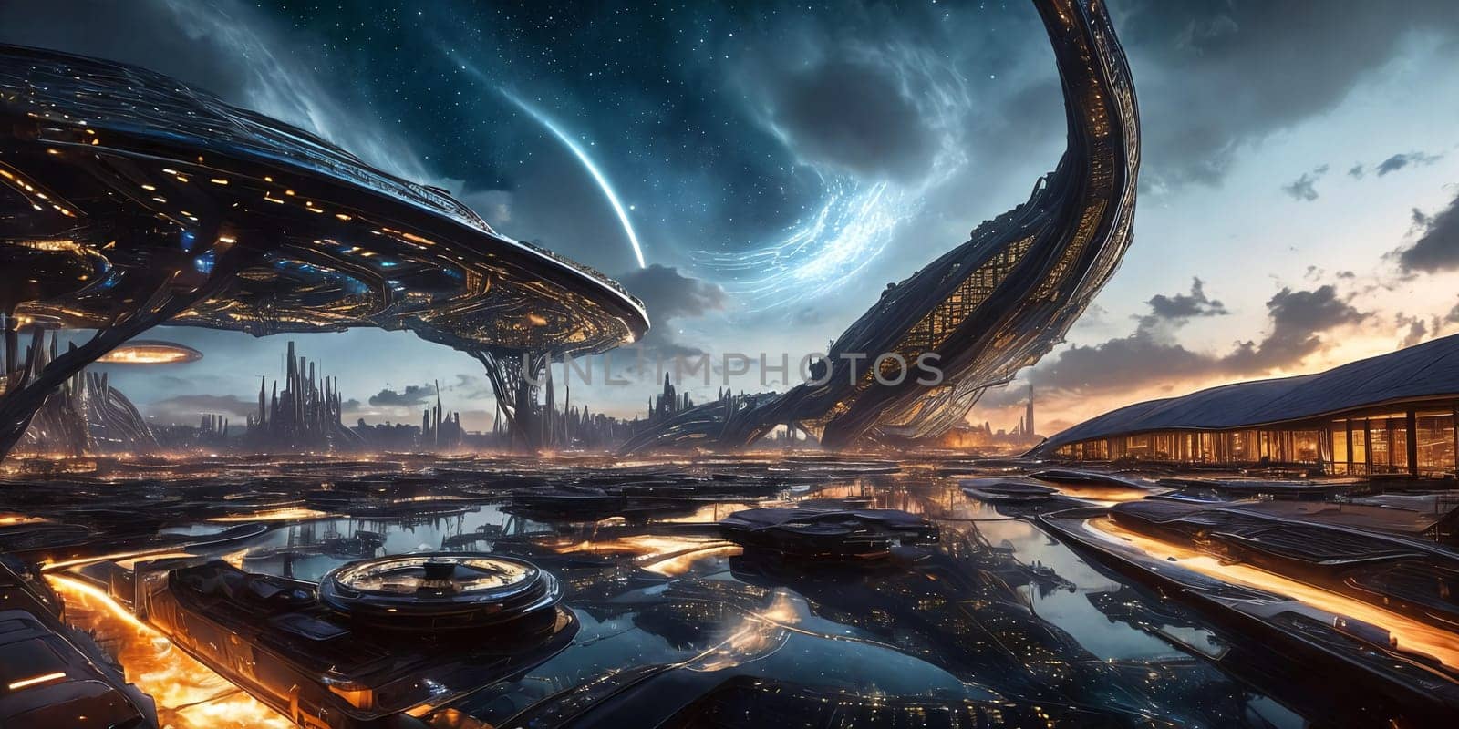 Interstellar Gateway. Fantastical space station floating amidst a cluster of swirling wormholes and energetic space anomalies, serving as a hub for intergalactic travel and cosmic trade.