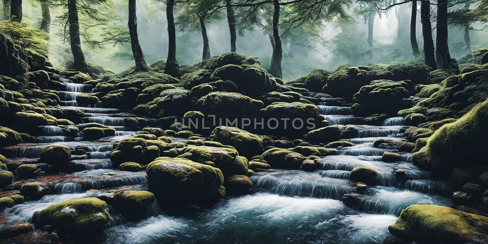 Texture of the elements in the scene, such as the jagged rocks, cascading water, and swaying foliage.