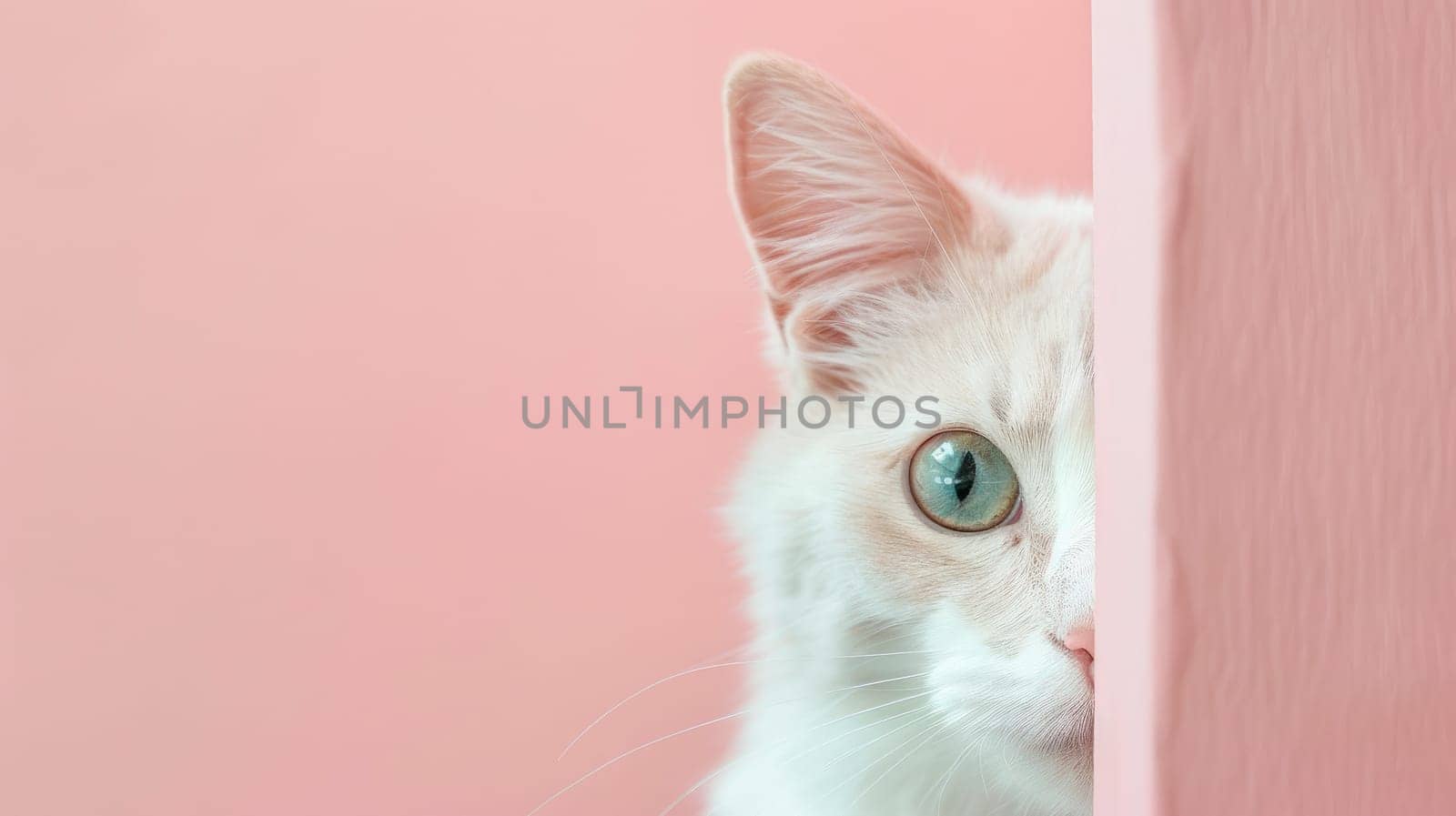 Funny cat peeks out from behind the pink wall. Copy space. AI generated