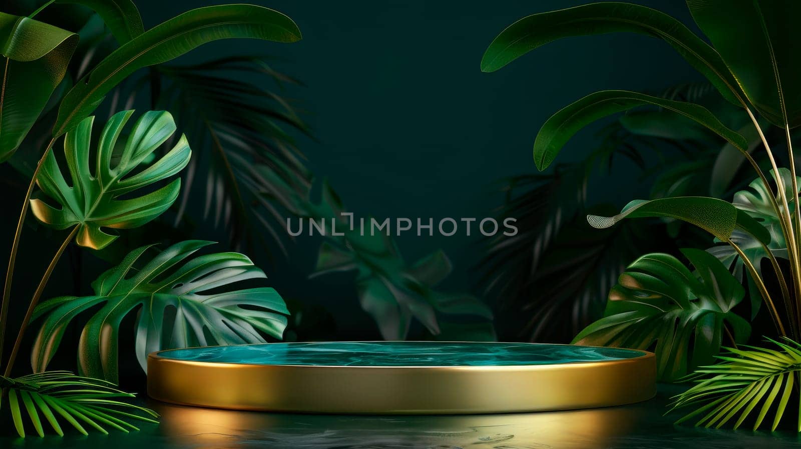 Oval podium display with golden lines and tropical plants. Copy space green background. Cosmetics or beauty product promotion mockup. AI generated