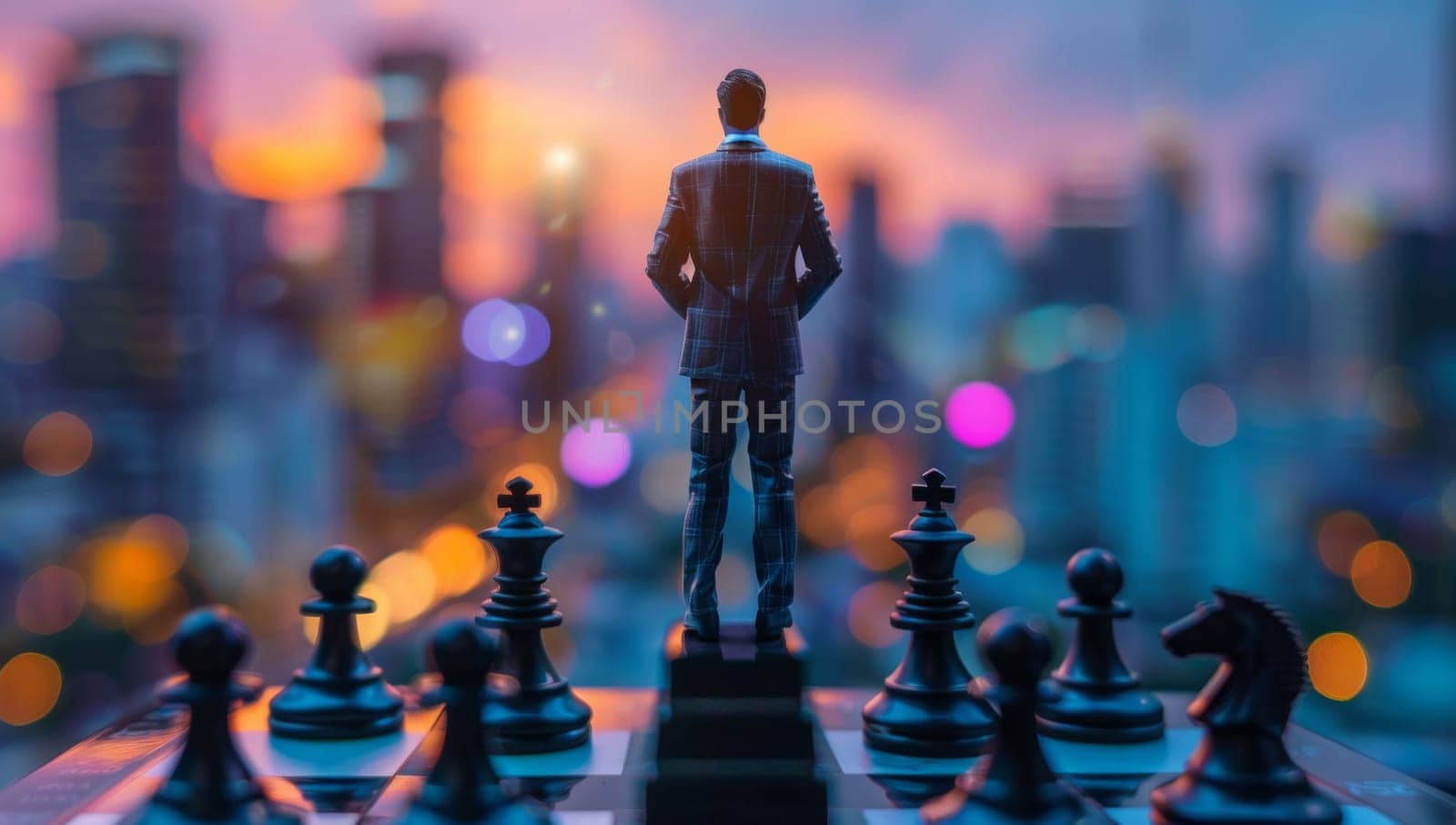 Businessman standing on chessboard looking at city skyline