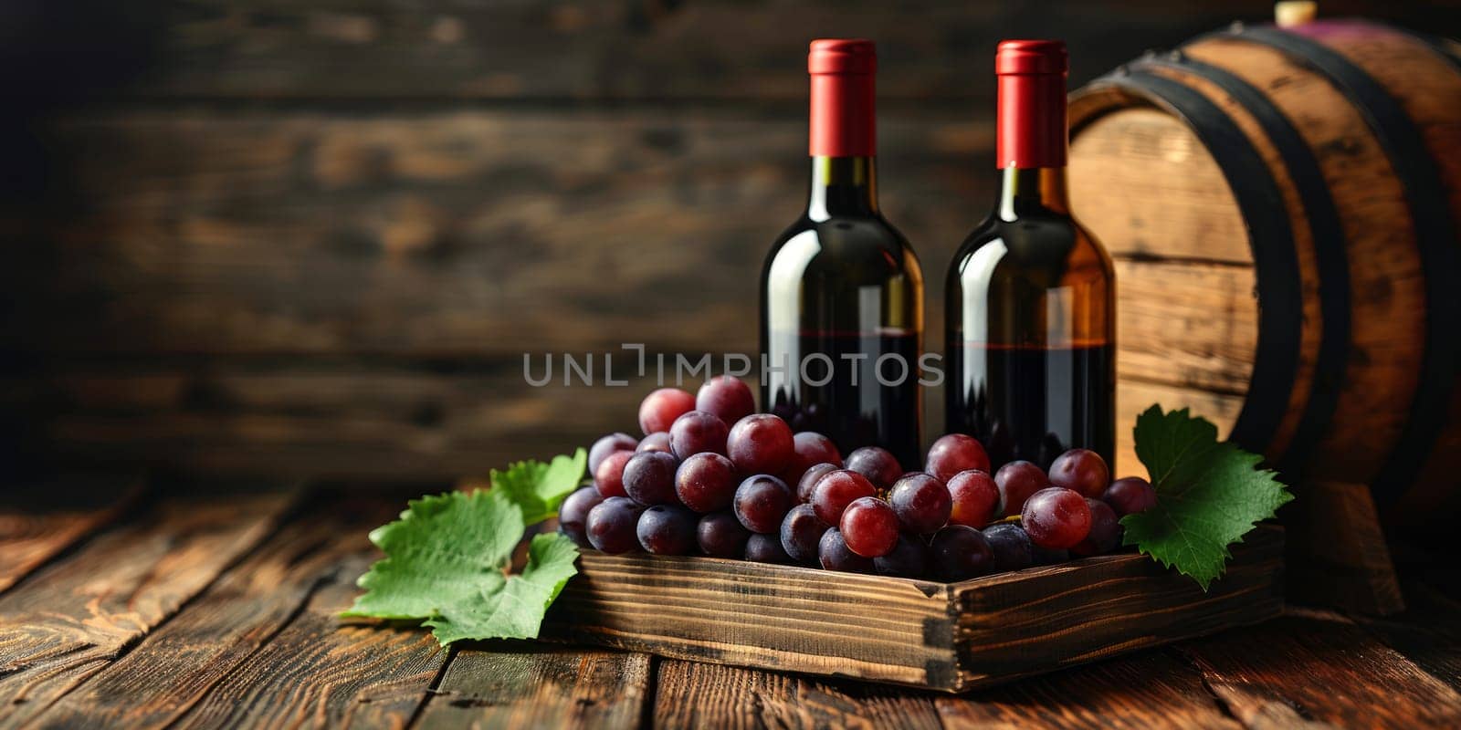 Bottles of red wine and grapes on wooden table